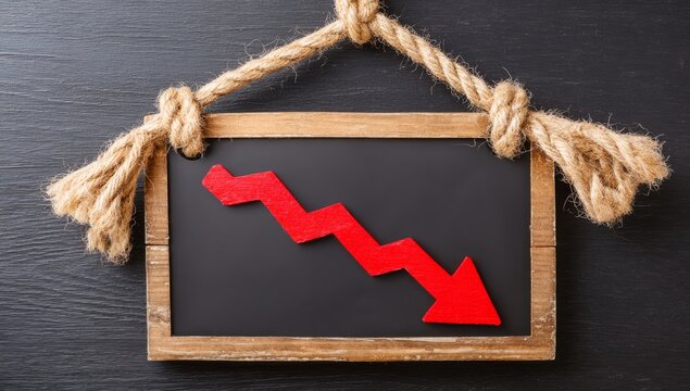 Red arrow made of wood pointing downwards set against a black backdrop represents decline in business and economy
