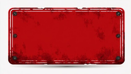 The image is a close-up of a vintage rectangular signboard with a rusty red color and weathered texture, isolated on white