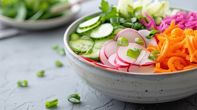A bowl of Japanese tsukemono with pickled radishes, cucumbers, and carrots.