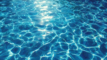 Obraz premium A blue swimming pool's water surface features gentle waves and reflections illuminated by sunlight, giving off a summer vibe