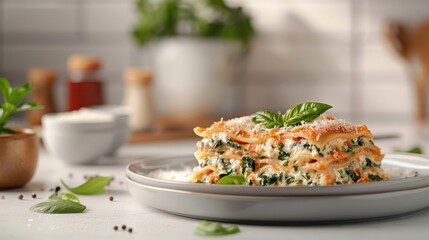 A photorealistic image of a spinach lasagna baked to perfection.