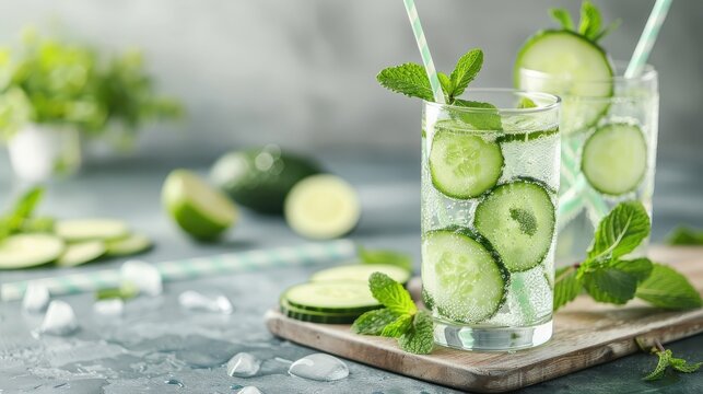 A refreshing cucumber and mint mocktail with a vibrant green hue.