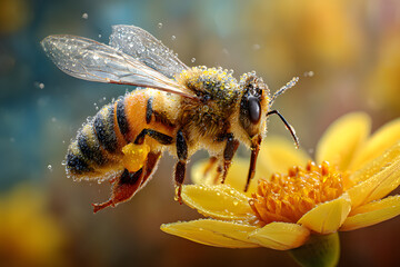 hyper-realistic macro photograph of a honey bee, covered in pollen, landing on a single, dew-covered petal of a yellow fragipany, Lao national flower. The background is a soft, out-of-focus garden.