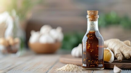 A bottle of teriyaki sauce with ginger and garlic in the background.