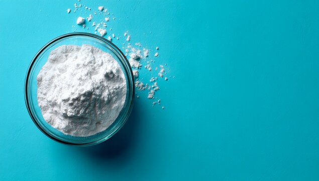 On a blue backdrop, a glass plate holds a white powder consisting of titanium dioxide, as well as calcium carbonate and magnesium