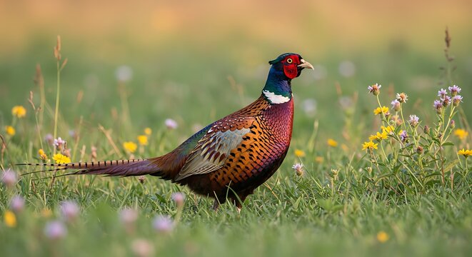 A vibrant pheasant stands proudly in a field, showcasing its colorful plumage in soft sunlight - Powered by Adobe