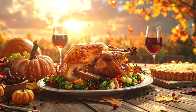 Thanksgiving Feast - Roasted Turkey, Wine, and Autumn Harvest.
