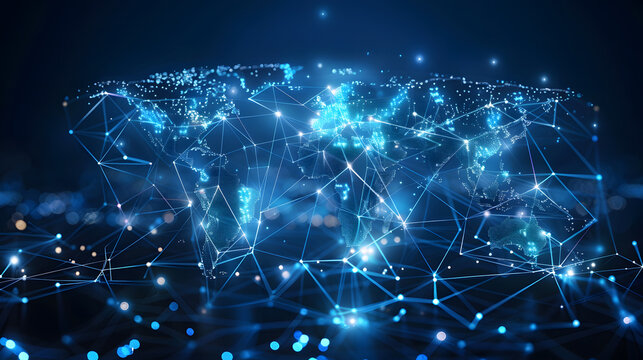 digital world map made of glowing lines and dots, blue futuristic tone, network connections, modern business concept background