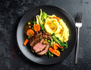 A top-down shot of a black plate of gourmet meat, vegetables, & mashed potatoes, with fork