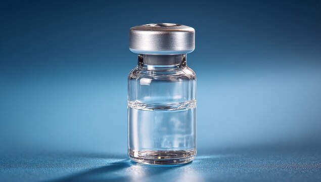 The image features a transparent glass ampoule filled with clear liquid, positioned on a soft blue background, symbolizing medical and pharmaceutical applications