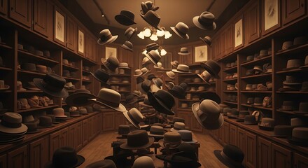 Many hats floating in a vintage hat shop with wooden shelves retro display