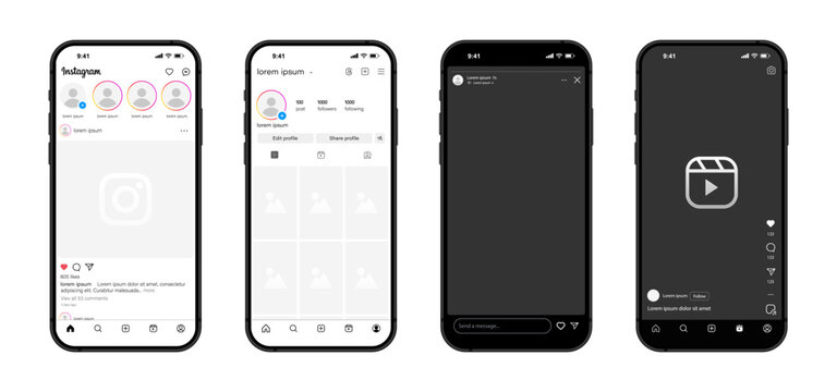 Instagram feed mockup. Social media mock up template. Instagram post frame carousel template. Screen interface on Iphone smartphone. Post story reels. Latest update social network mobile app
