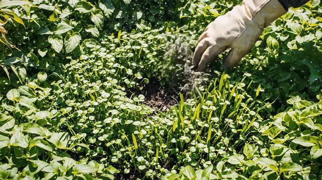 Conceptual top-down shot of a gardener's hand magically removing dead weeds, allowing new green shoots to instantly fill the space.