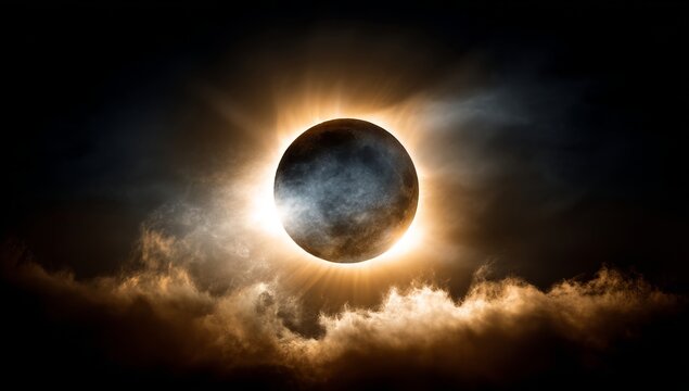The cosmic display of a total solar eclipse includes a dark moon silhouette set against a background where stars are faintly visible