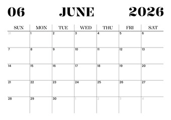 Printable Monthly Calendar Template for June 2026. Minimalist Style Calendar in Landscape Format. Week Starts on Sunday. Monthly Calendar Planner for 2026 year.