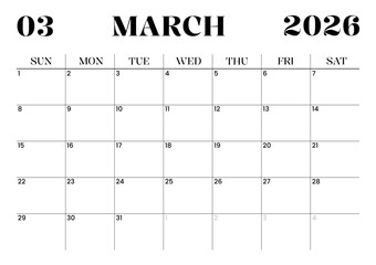 Printable Monthly Calendar Template for March 2026. Minimalist Style Calendar in Landscape Format. Week Starts on Sunday. Monthly Calendar Planner for 2026 year.