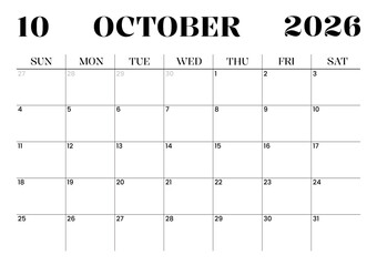 Printable Monthly Calendar Template for October 2026. Minimalist Style Calendar in Landscape Format. Week Starts on Sunday. Monthly Calendar Planner for 2026 year.