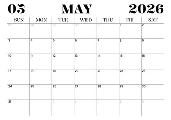 Printable Monthly Calendar Template for May 2026. Minimalist Style Calendar in Landscape Format. Week Starts on Sunday. Monthly Calendar Planner for 2026 year.