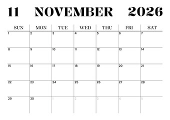 Printable Monthly Calendar Template for November 2026. Minimalist Style Calendar in Landscape Format. Week Starts on Sunday. Monthly Calendar Planner for 2026 year.