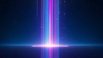 Abstract neon light beam ascending from dark background with particles