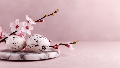 Obraz premium The scene is minimalist, with pink Easter eggs and a flowering branch arranged on a pink marble podium against a clean backdrop
