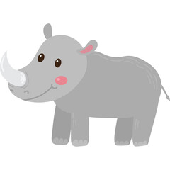 Cartoon Rhinoceros Isolated On White Background With Pink Cheeks And Big Horn