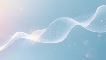 Abstract flowing light wave with water droplets on a soft blue background