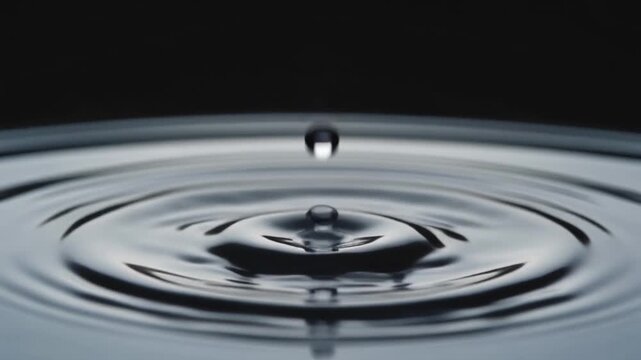 A close-up macro shot captures a single water droplet falling into a perfectly still pool, creating concentric ripples that spread outwards across the dark, reflective surface