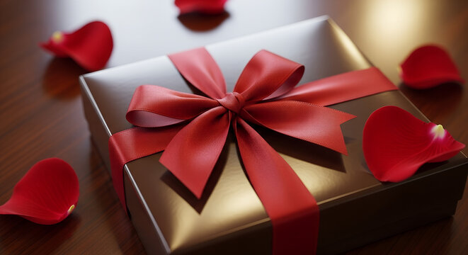 Gift box wrapped in red ribbon surrounded by rose petals