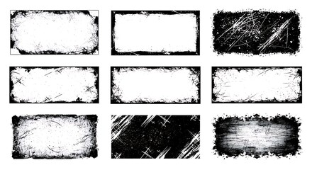 Nine grunge distressed rectangular frames with rough edges border texture