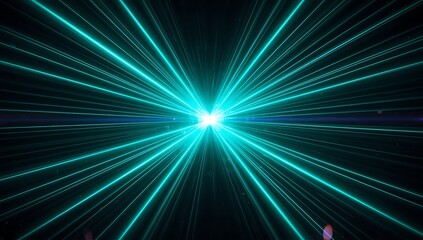 Bright teal laser beams radiating from a central light source