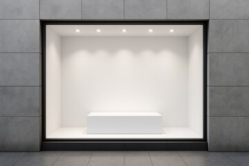 Minimalist empty store window display with lighting in modern exterior wall design, blank showcase concept for product presentation or branding. Ai generative