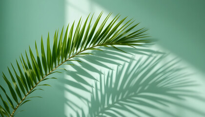 Obraz premium Vibrant green palm frond casts dramatic shadow on serene teal wall, evoking tropical tranquility and modern elegance
