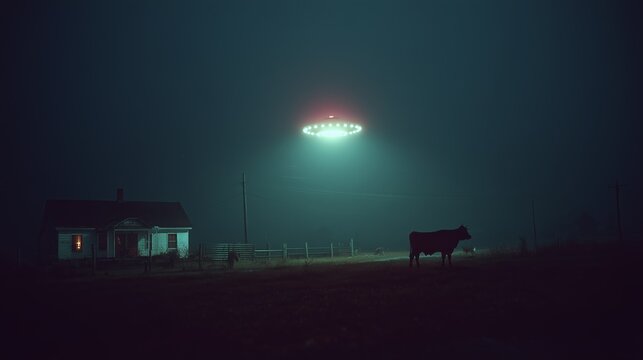 A mysterious UFO hovers over a farmhouse at night, casting an eerie glow on the surrounding rural landscape with a curious cow watching.