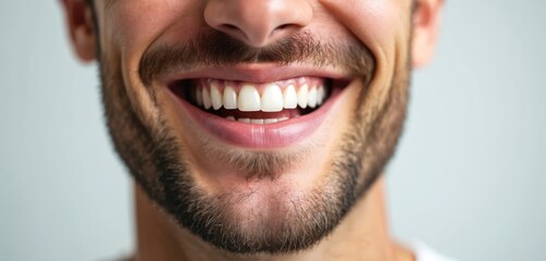 Man with groomed beard flashes perfect white smile showing straight teeth, healthy pink gums. Looks friendly, confident, facial expression conveys happiness, trust. Close-up shot focuses on oral