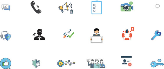 Collection of modern flat icons representing communication technology and business concepts
