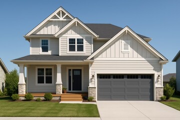 Modern suburban house exterior concept with beige siding, stone accents, and black garage door in daylight on a clear blue sky background. Ai generative