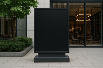 Blank black city billboard standing outside modern restaurant with clean exterior design and evening lighting concept ambiance at urban terrace space. Ai generative