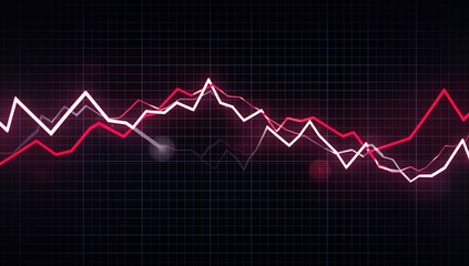 Abstract financial stock market graph with red and white lines on a dark grid background