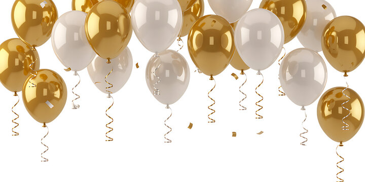 A festive arrangement of gold and white balloons with curling ribbons, isolated on white background
