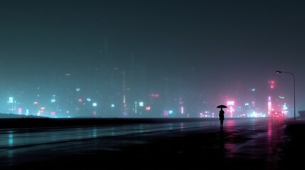 Silhouette with umbrella walks through neon-lit city on a rainy night, surrounded by vibrant glowing signs and skyscrapers.
