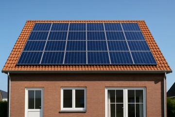 Fototapeta premium Solar panel installation on red tile roof of modern brick house under clear blue sky, showcasing sustainable energy exterior design concept. Ai generative
