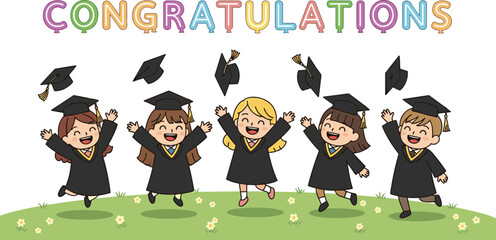 Cartoon children celebrating graduation in caps and gowns, jumping joyfully, congratulations banner, festive scene, academic achievement, happy moment