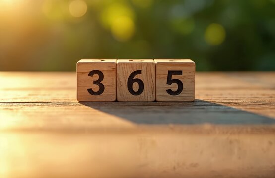 Three wooden cubes with numbers 365 arranged on a table. The digits signify days, time, or a year. Natural light illuminates the set with a soft glow.