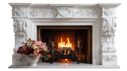 fireplace with christmas vase on white background 