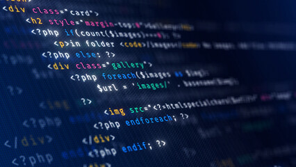 Code, HTML, php web programming source code. Abstract code background