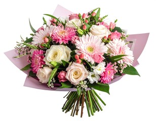 A vibrant floral arrangement featuring a mix of pink and white blooms, wrapped in pink paper