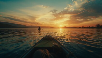Kayaker paddles towards a dramatic sunset over a calm lake