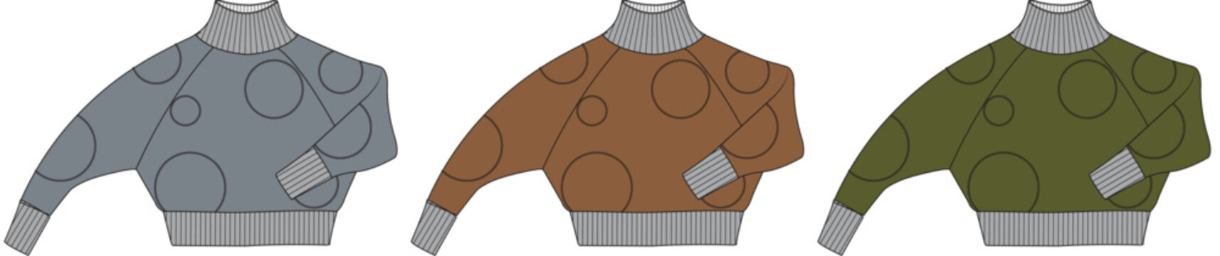 Fashion design technical flat sketches of a women's turtleneck sweater with an asymmetric dolman sleeve and a modern circle pattern in three color variations