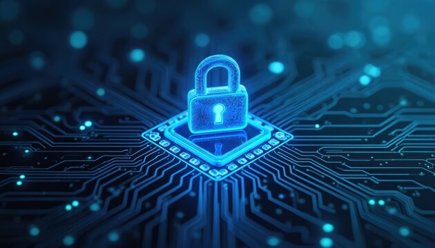 Glowing padlock rests on a futuristic circuit board, symbolizing digital security and data protection in cyberspace. This tech concept represents safeguarding information.